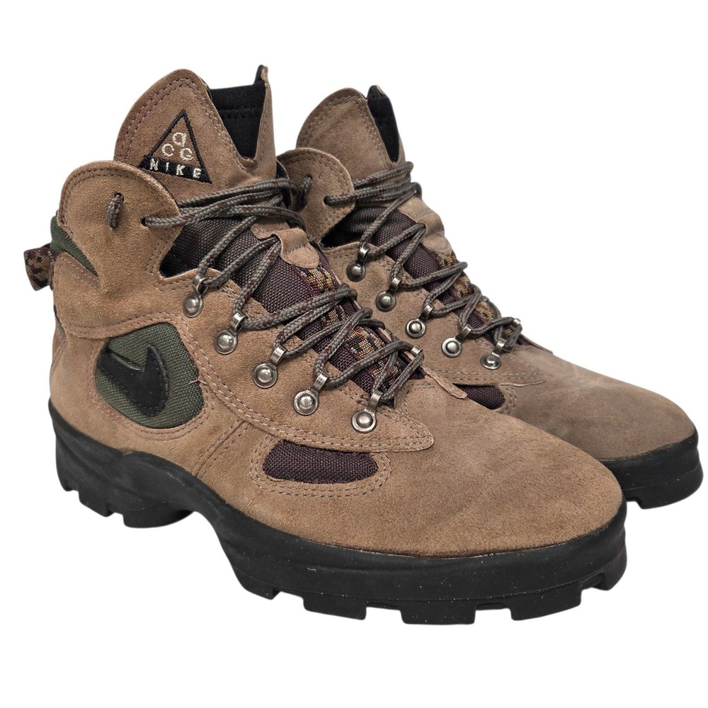 Vintage Nike ACG Air Hiking Boots 90s Mens 8.5 Brown Suede Camo Gorpcore Vtg